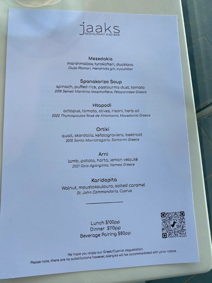 Menu, Jaaks Restaurant and Bar