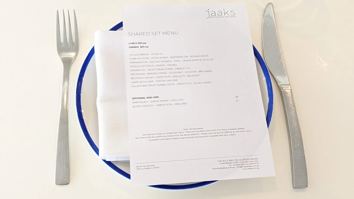 Menu, Jaaks Restaurant and Bar