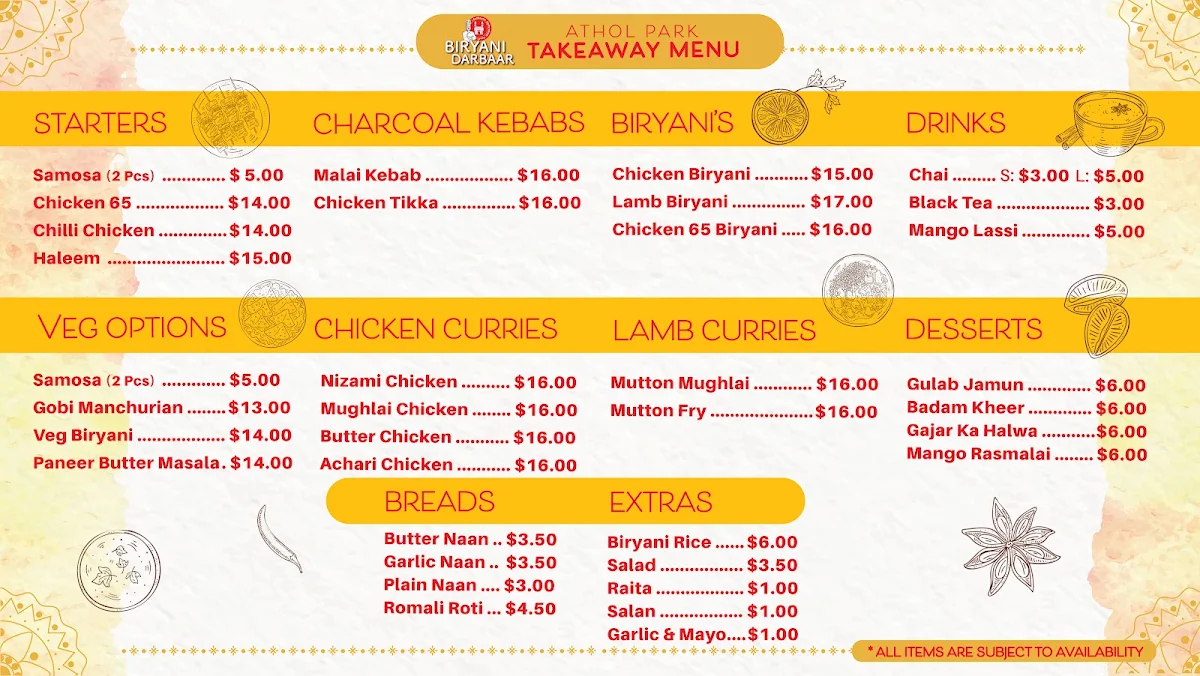 Menu, Biryani Darbaar