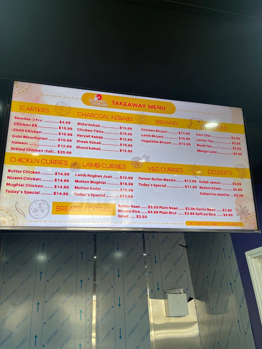 Menu, Biryani Darbaar