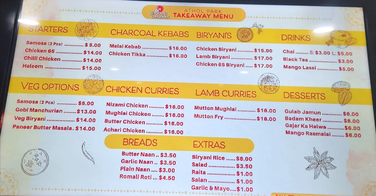 Menu, Biryani Darbaar