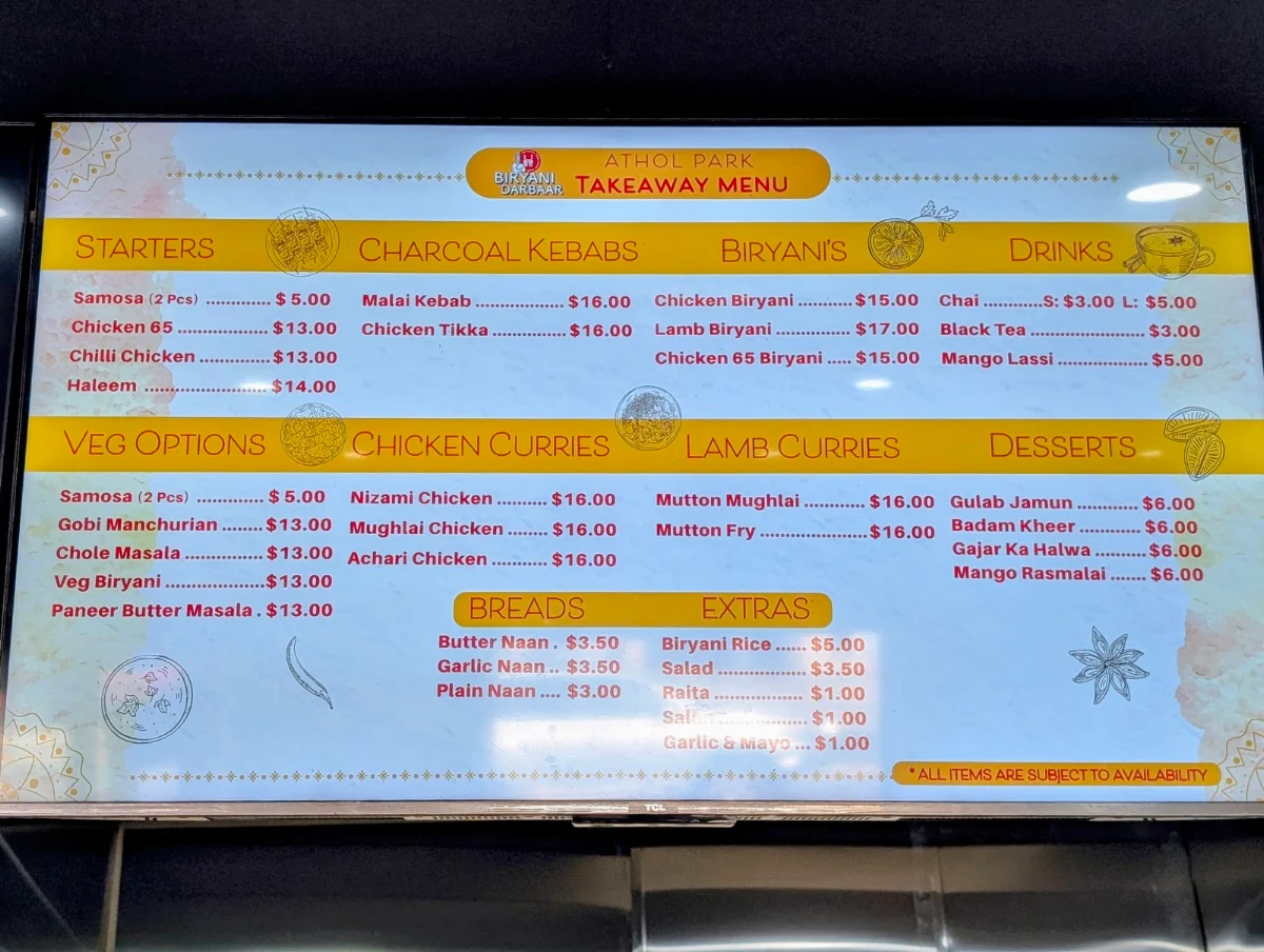 Menu, Biryani Darbaar