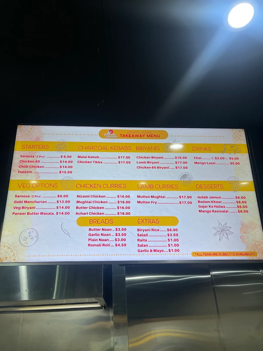 Menu, Biryani Darbaar