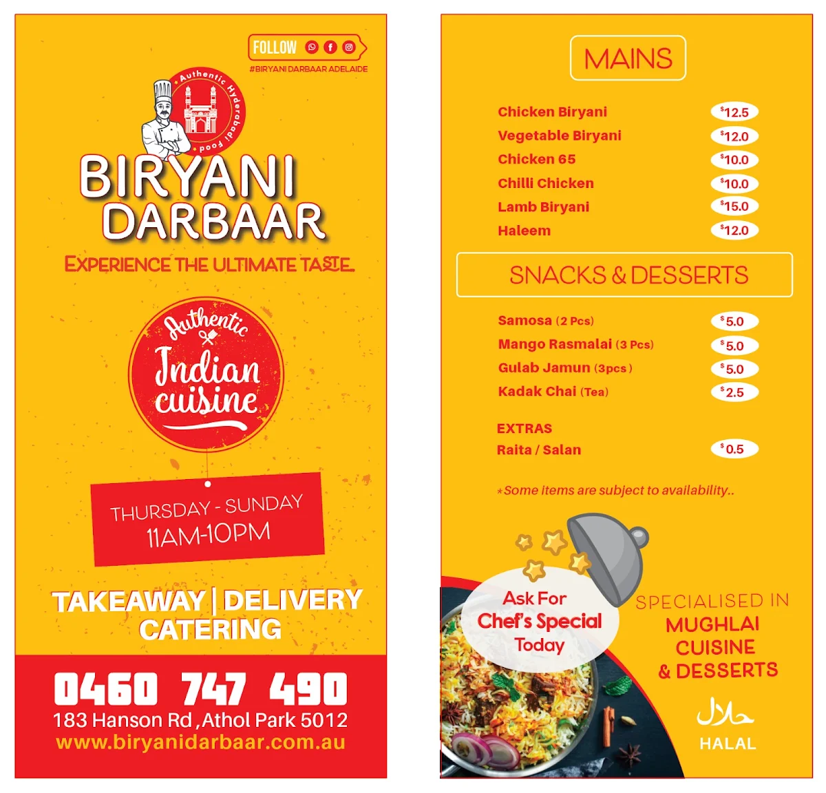 Menu, Biryani Darbaar