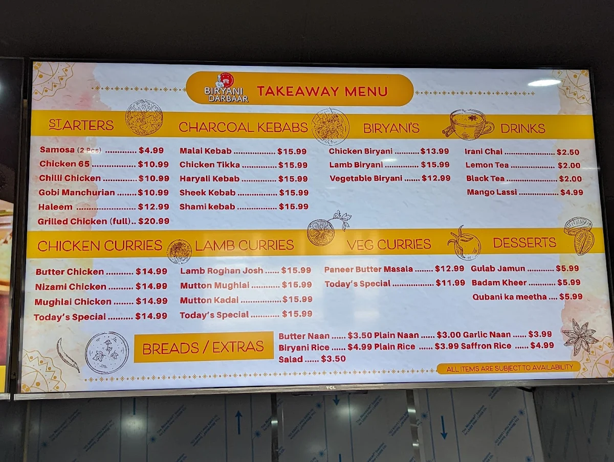 Menu, Biryani Darbaar