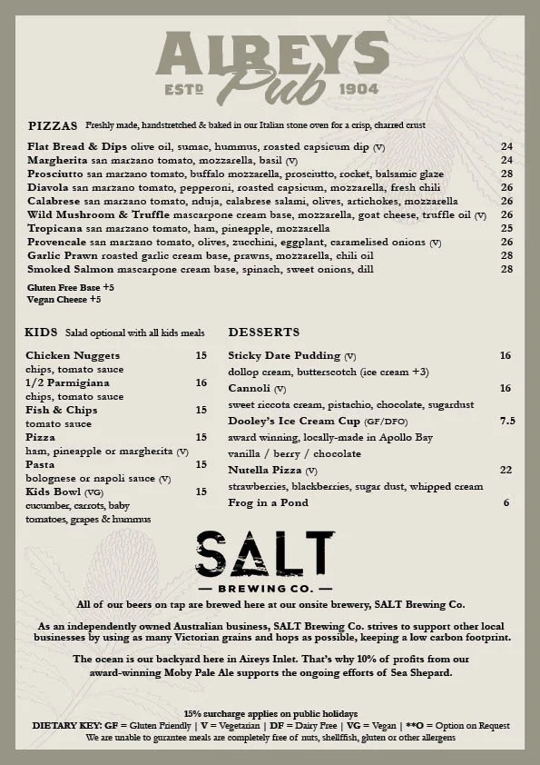 Menu, Aireys Pub