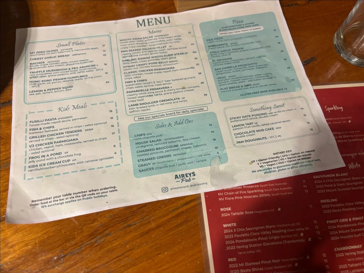Menu, Aireys Pub