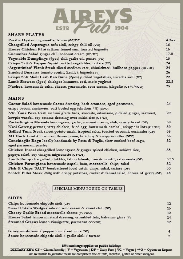 Menu, Aireys Pub
