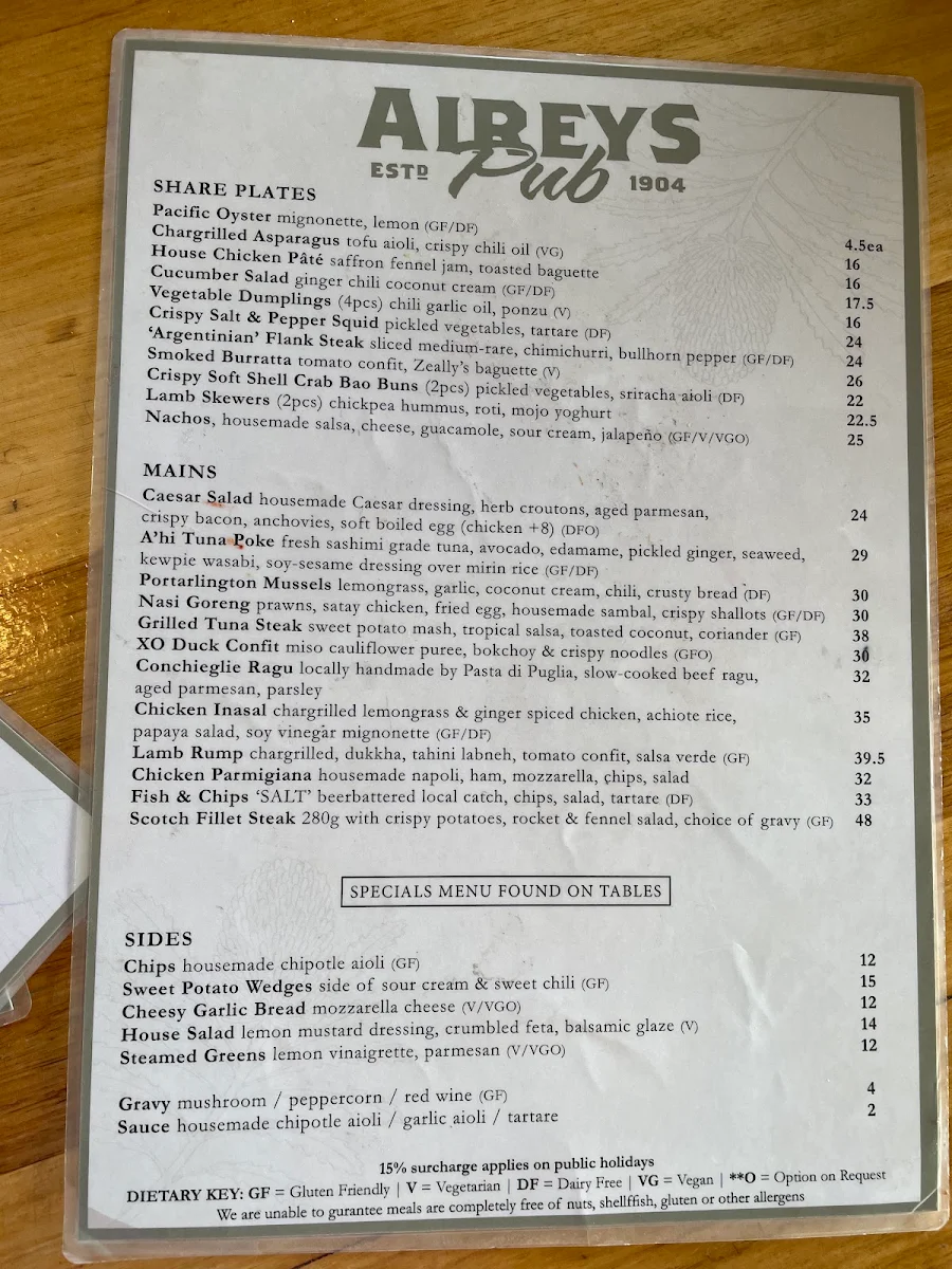 Menu, Aireys Pub