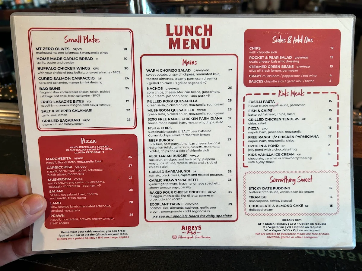 Menu, Aireys Pub