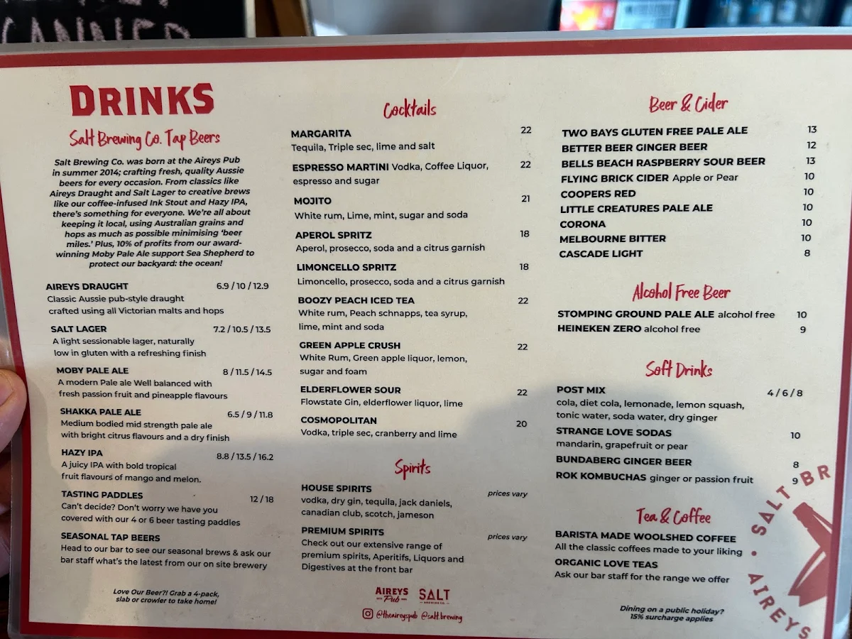 Menu, Aireys Pub