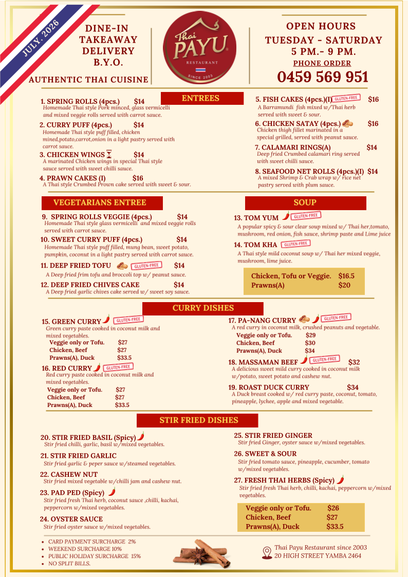 Menu, Thai Payu Restaurant