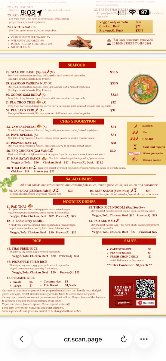 Menu, Thai Payu Restaurant