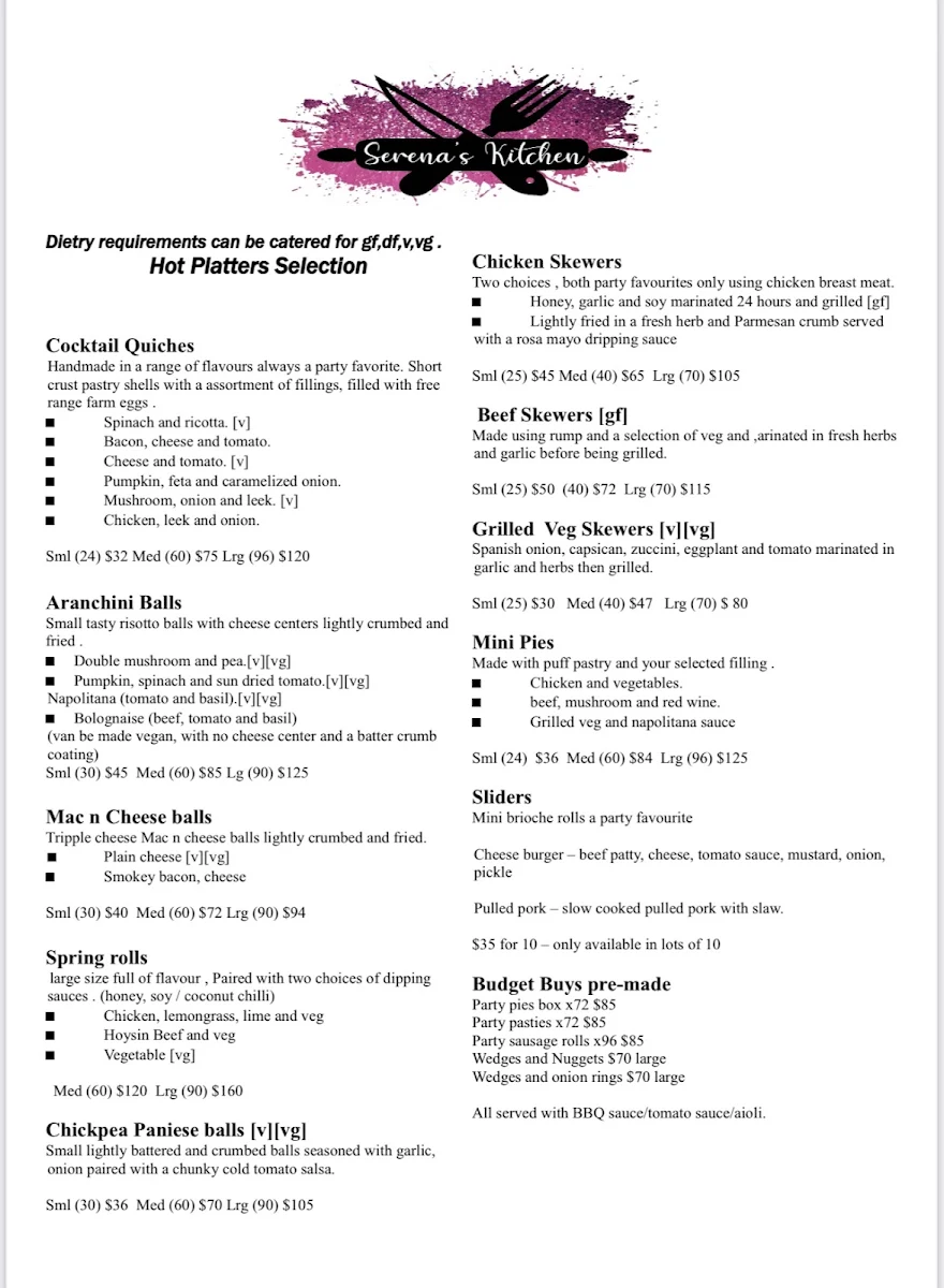 Menu, Serena’s Kitchen