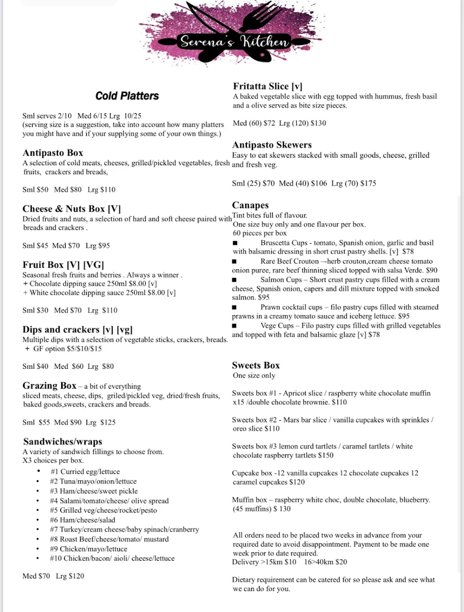 Menu, Serena’s Kitchen