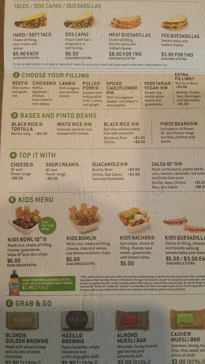 Menu, Zambrero Springwood