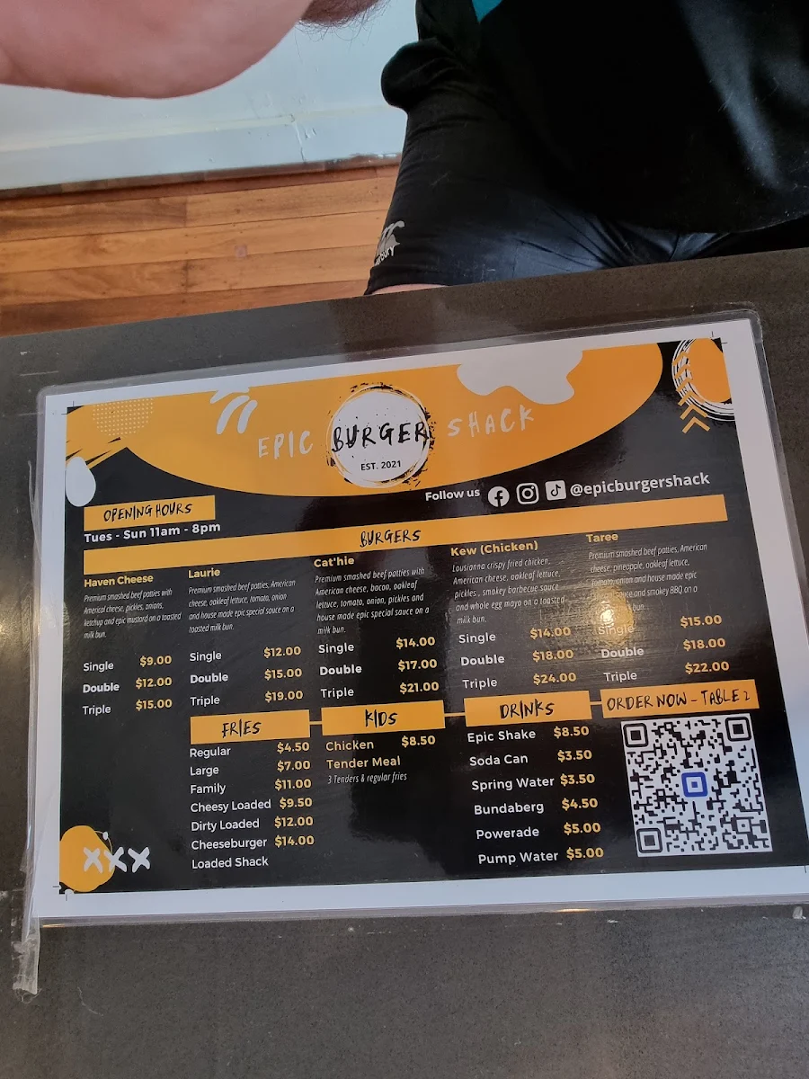 Menu, Epic Burger Shack Taree