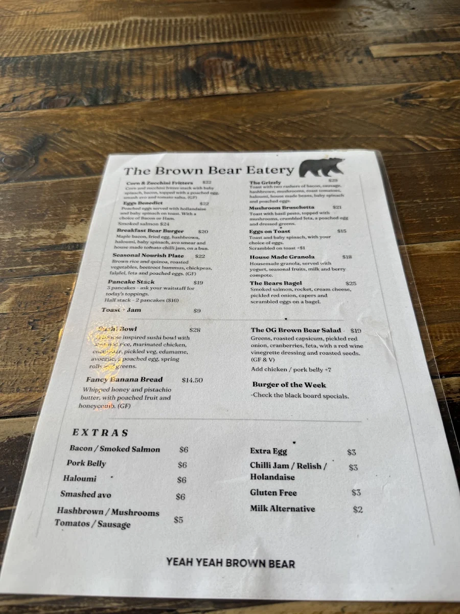 Menu, Brown Bear Eatery