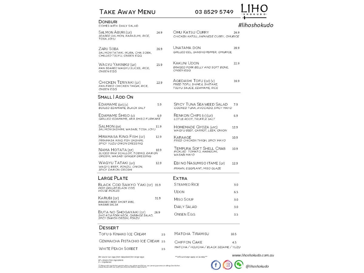 Menu, LiHO Shokudo