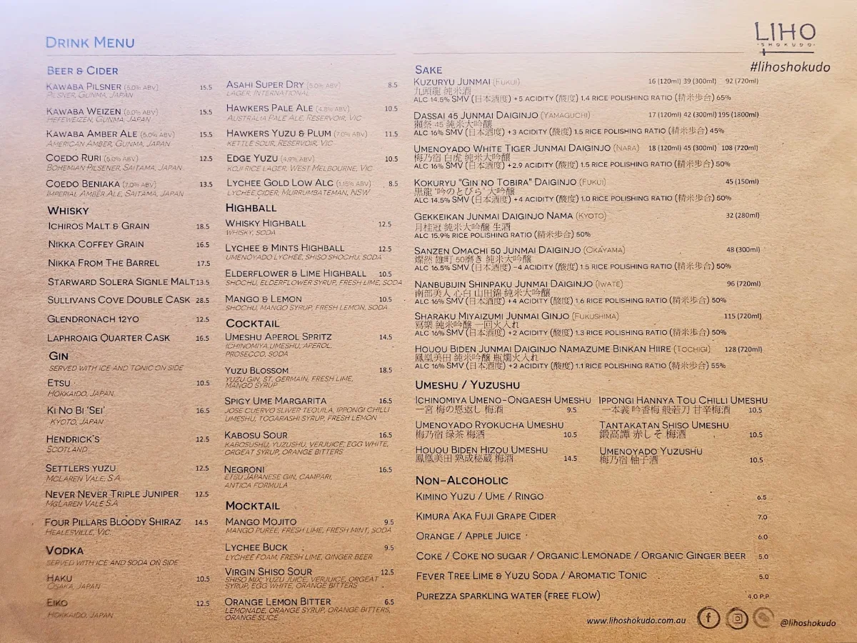 Menu, LiHO Shokudo