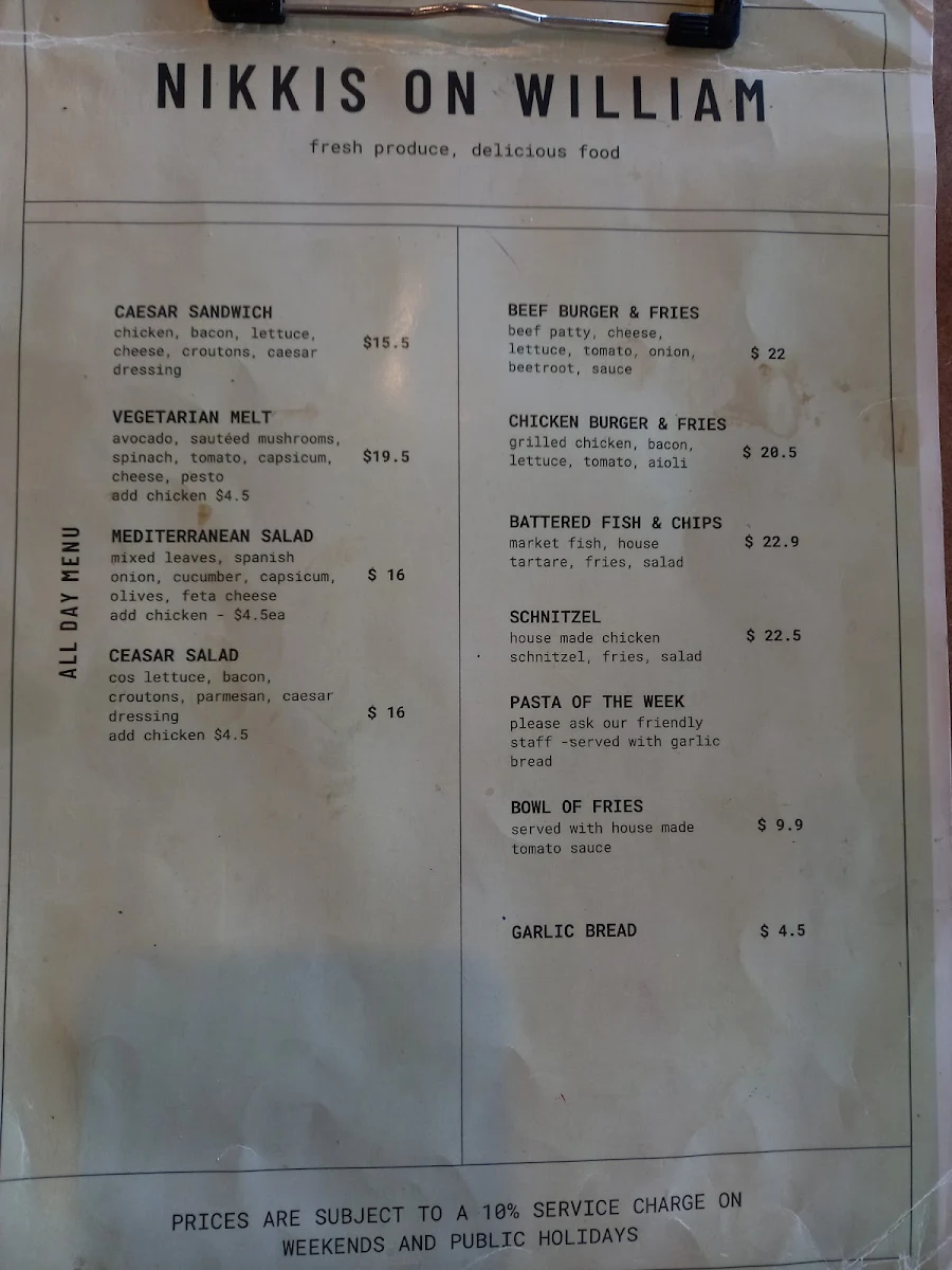 Menu, Nikki's Café On William