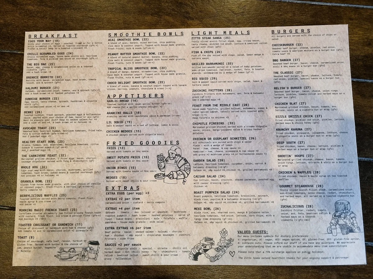 Menu, Zitto Golden Grove