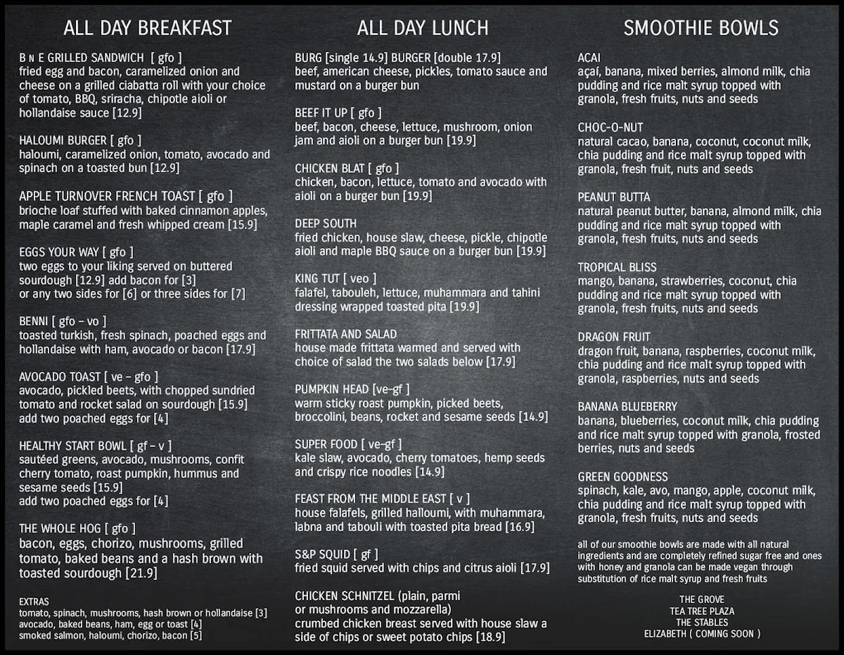 Menu, Zitto Golden Grove