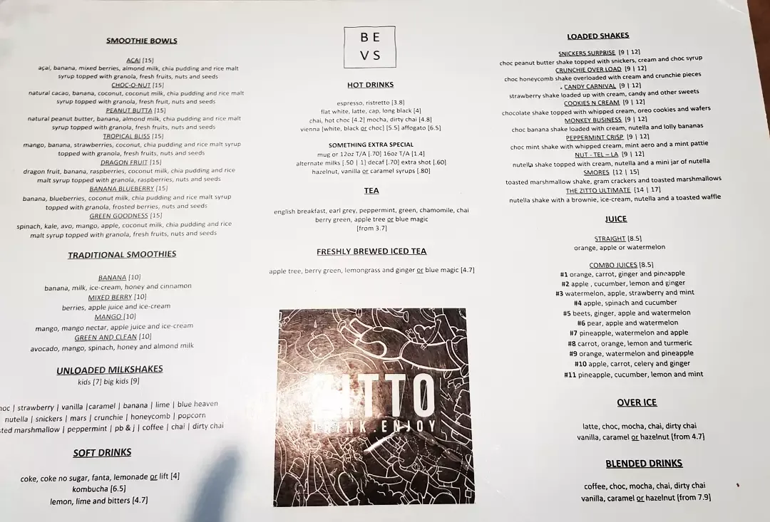 Menu, Zitto Golden Grove