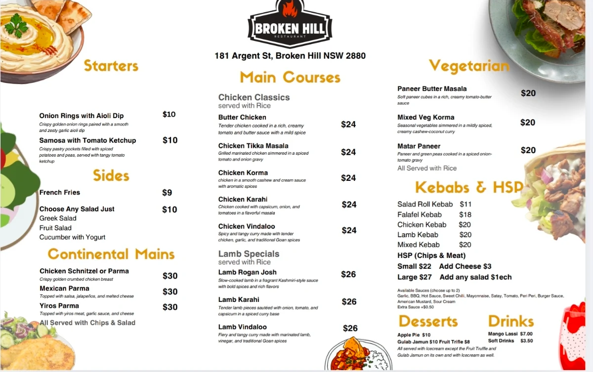Menu, Broken Hill Restaurant
