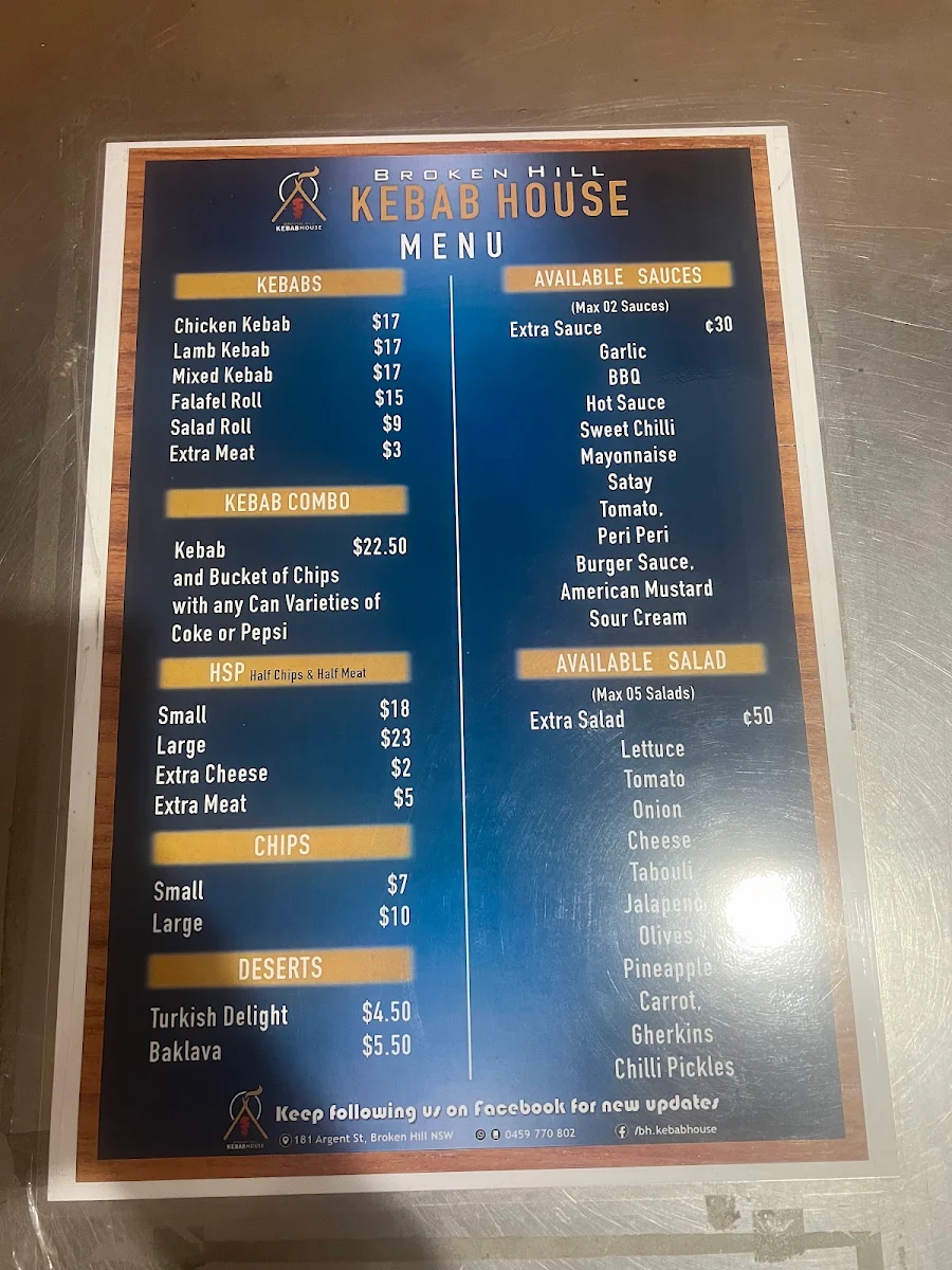 Menu, Broken Hill Restaurant