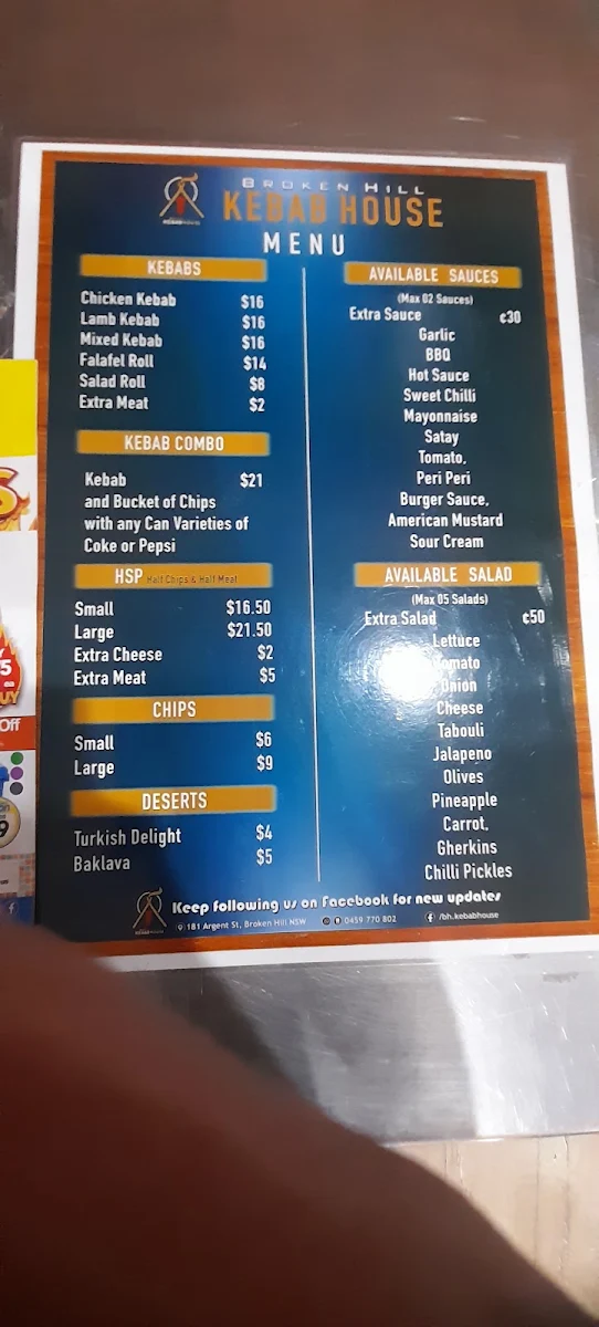 Menu, Broken Hill Restaurant