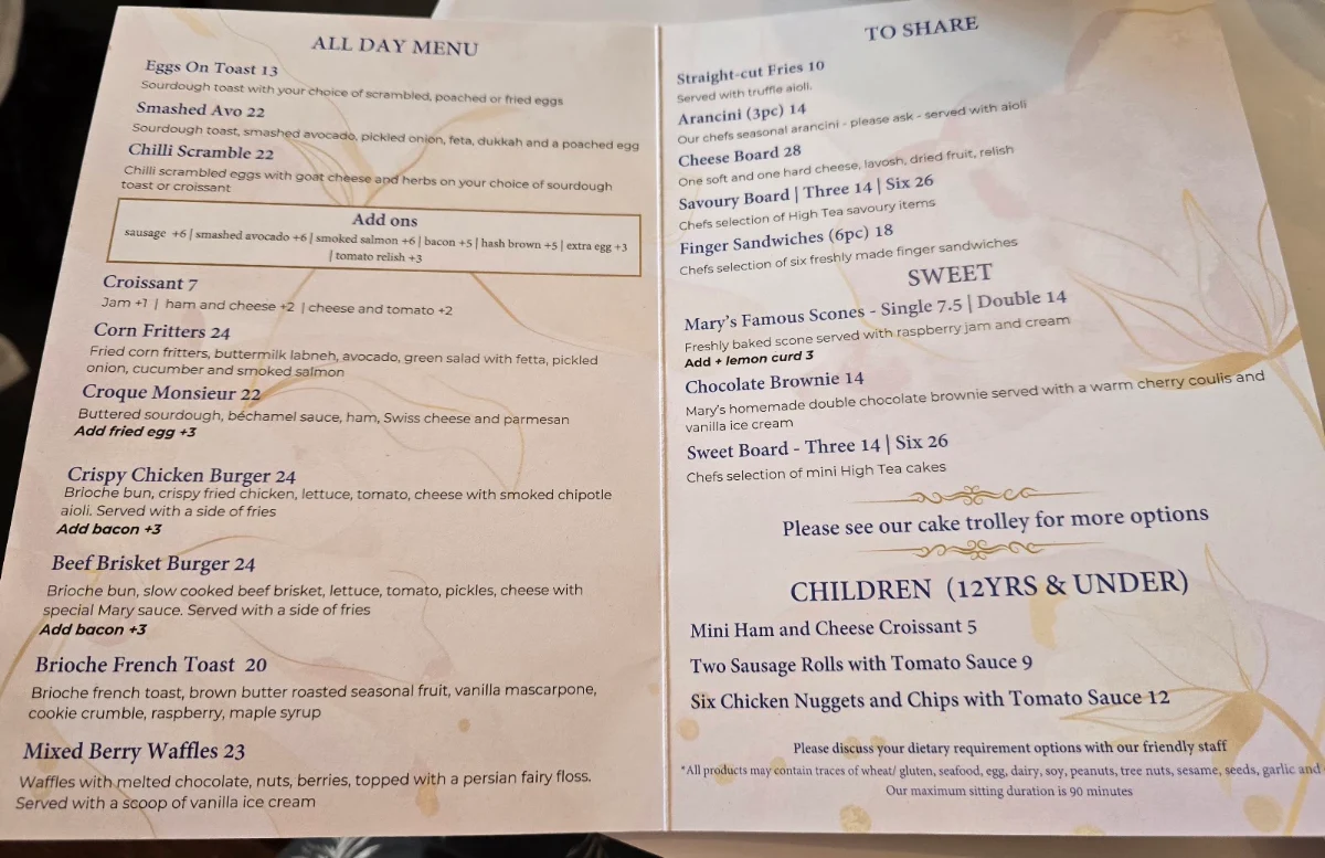 Menu, Mary Eats Cake - Brunswick
