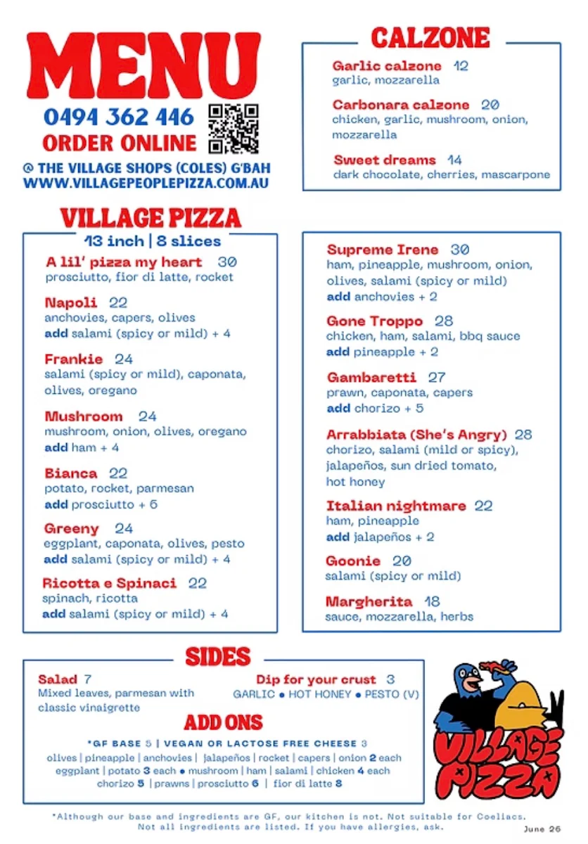 Menu, Village People Pizza - Goonellabah, Lismore NSW