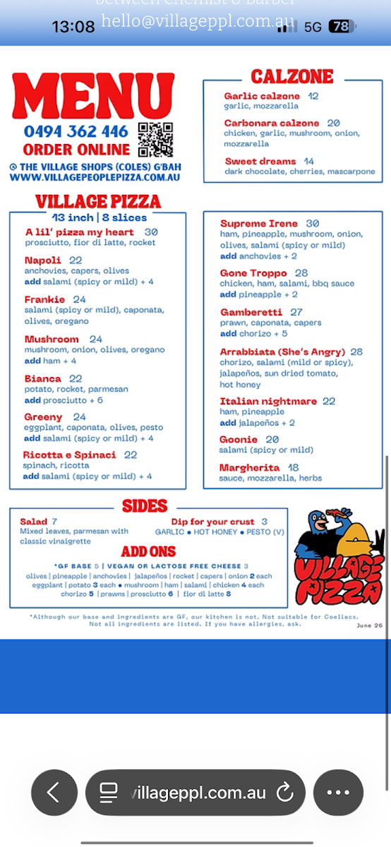 Menu, Village People Pizza - Goonellabah, Lismore NSW