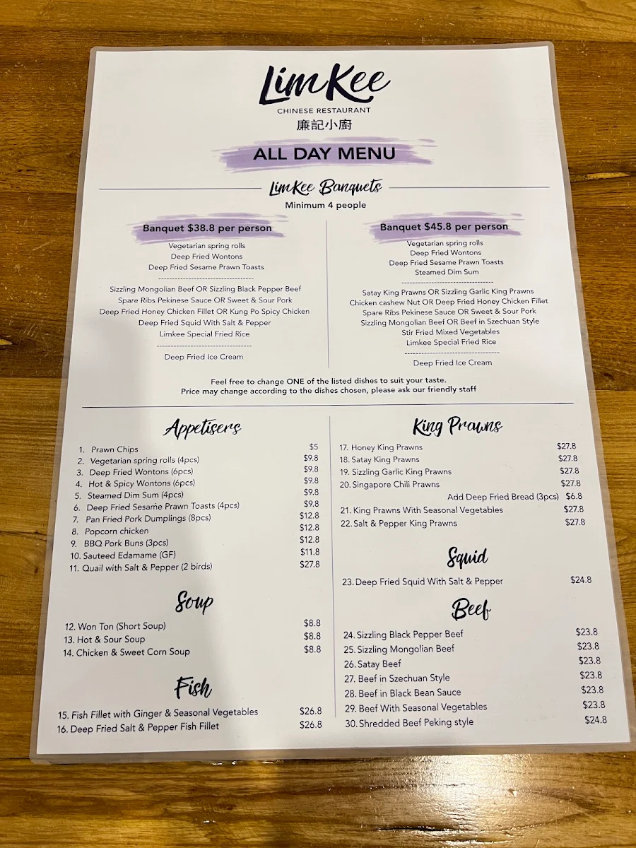 Menu, Limkee Chinese Restaurant