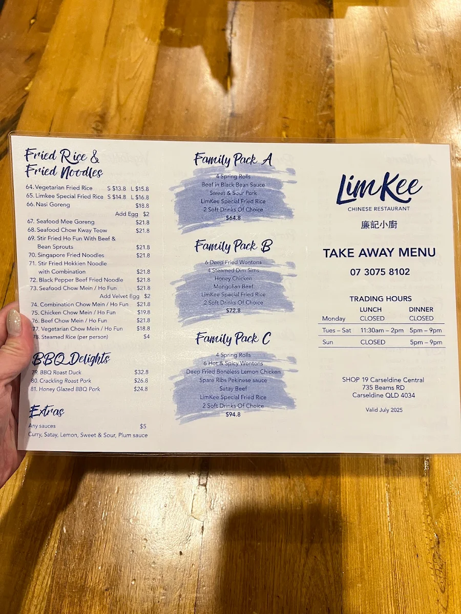 Menu, Limkee Chinese Restaurant