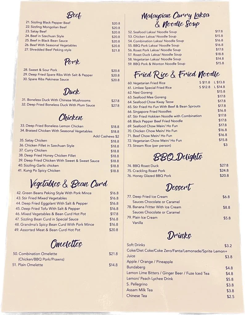 Menu, Limkee Chinese Restaurant