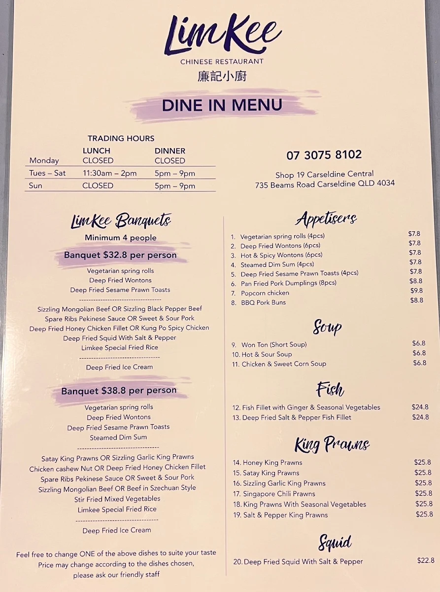 Menu, Limkee Chinese Restaurant