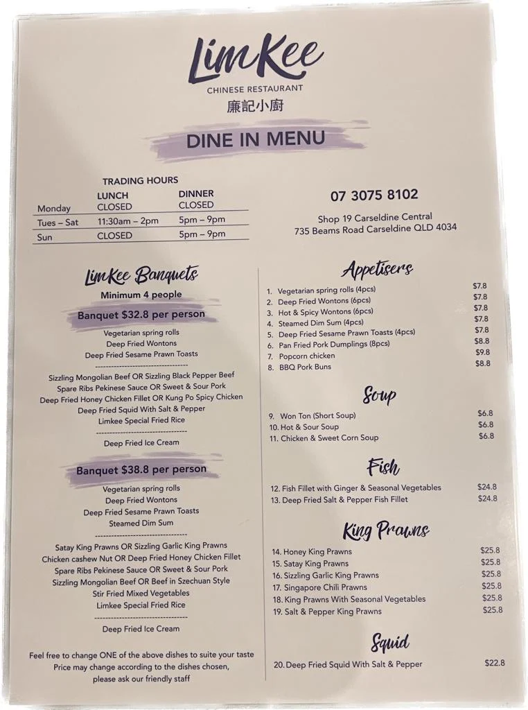 Menu, Limkee Chinese Restaurant