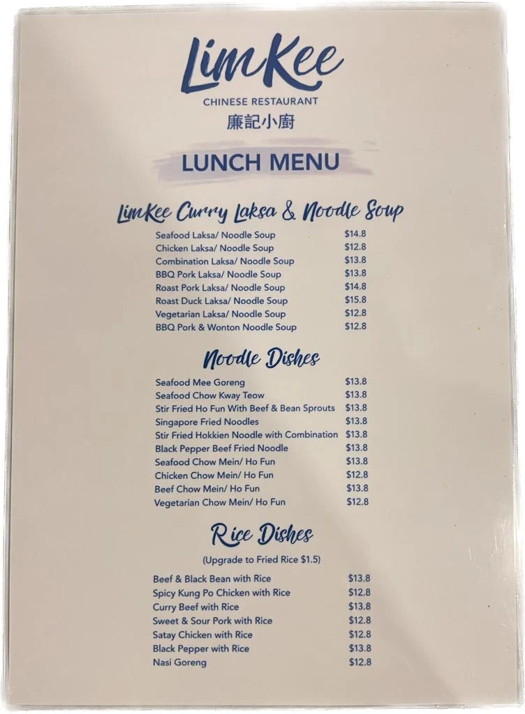 Menu, Limkee Chinese Restaurant