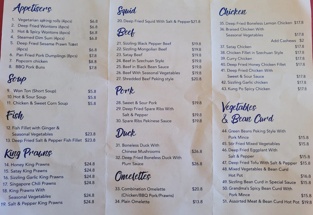 Menu, Limkee Chinese Restaurant