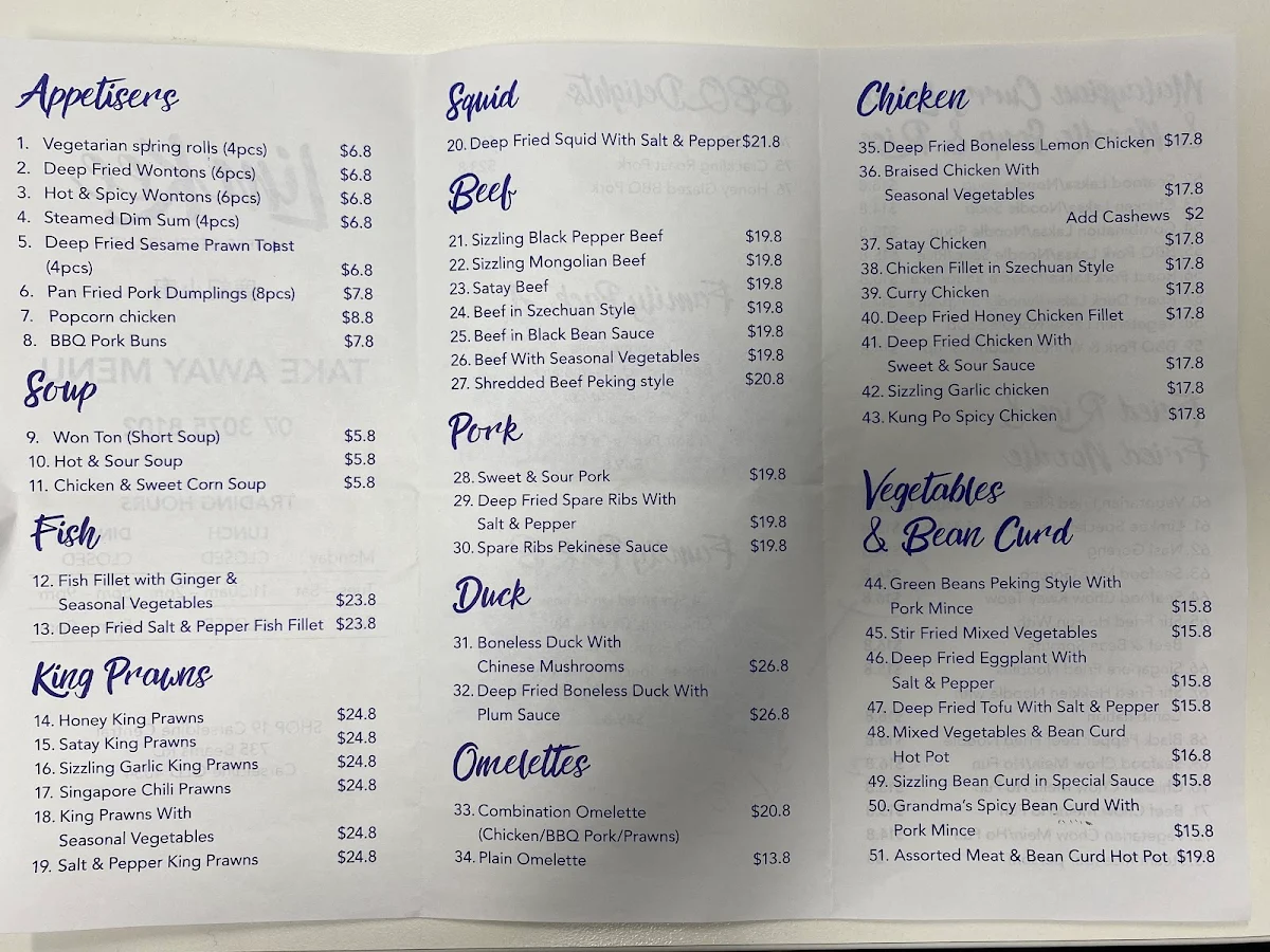 Menu, Limkee Chinese Restaurant