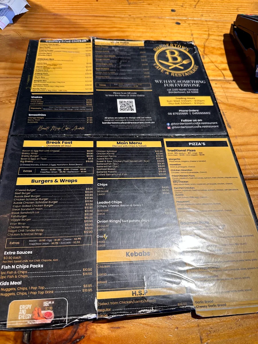 Menu, Bordertown Cafe & Restaurant