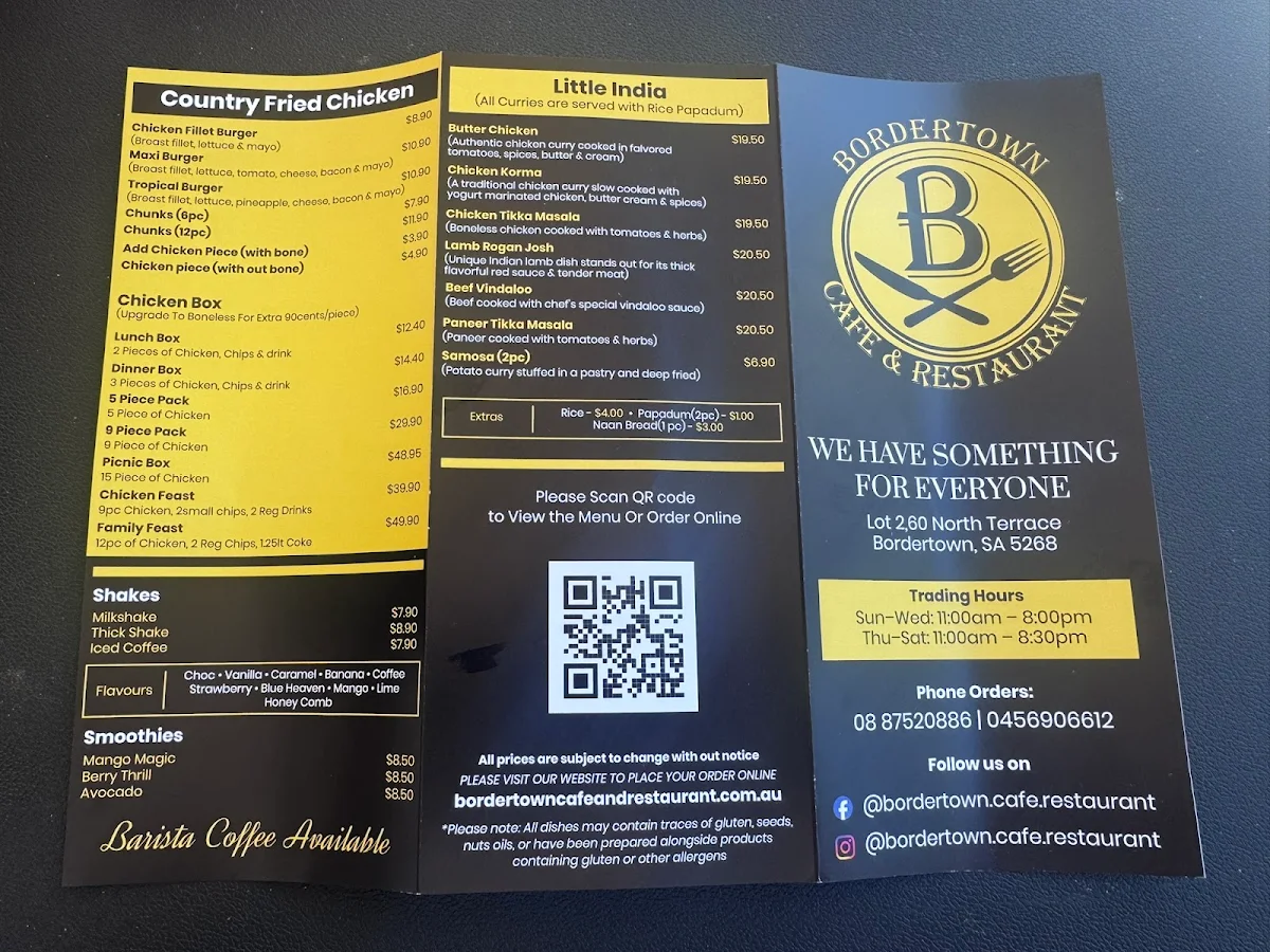 Menu, Bordertown Cafe & Restaurant