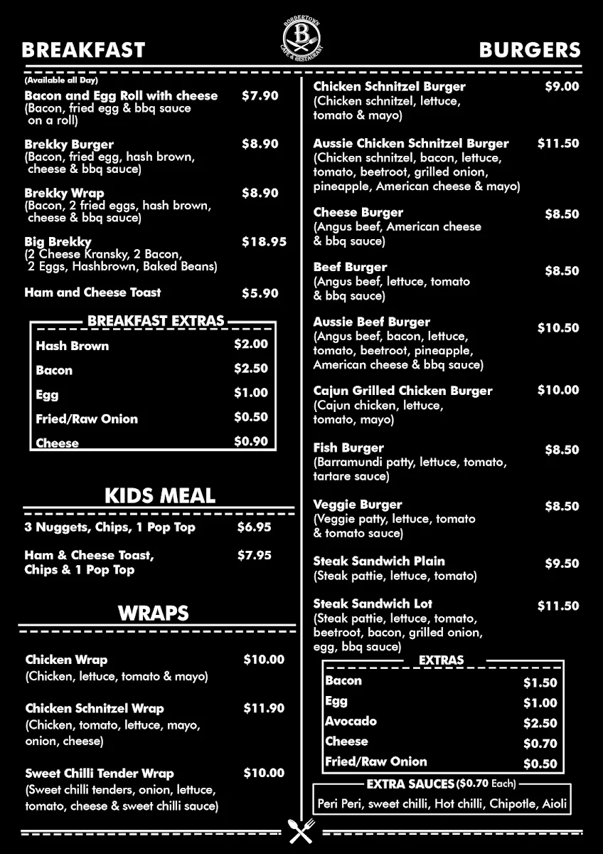 Menu, Bordertown Cafe & Restaurant