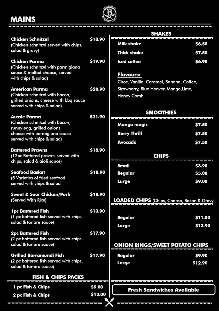 Menu, Bordertown Cafe & Restaurant