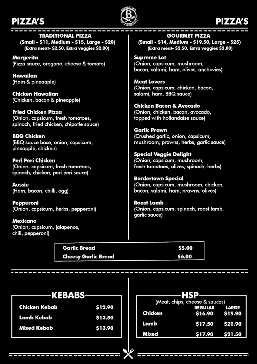 Menu, Bordertown Cafe & Restaurant