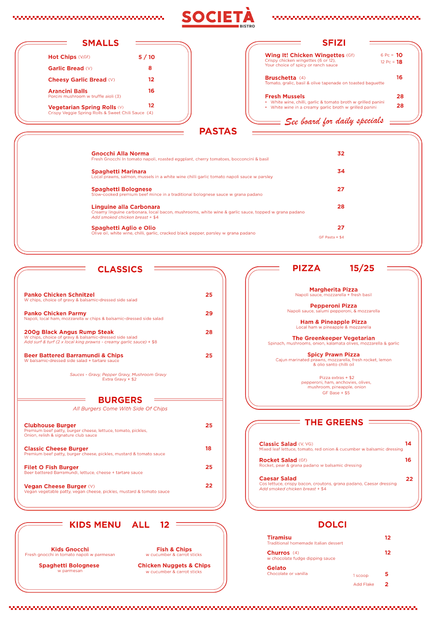 Menu, Societa Bistro