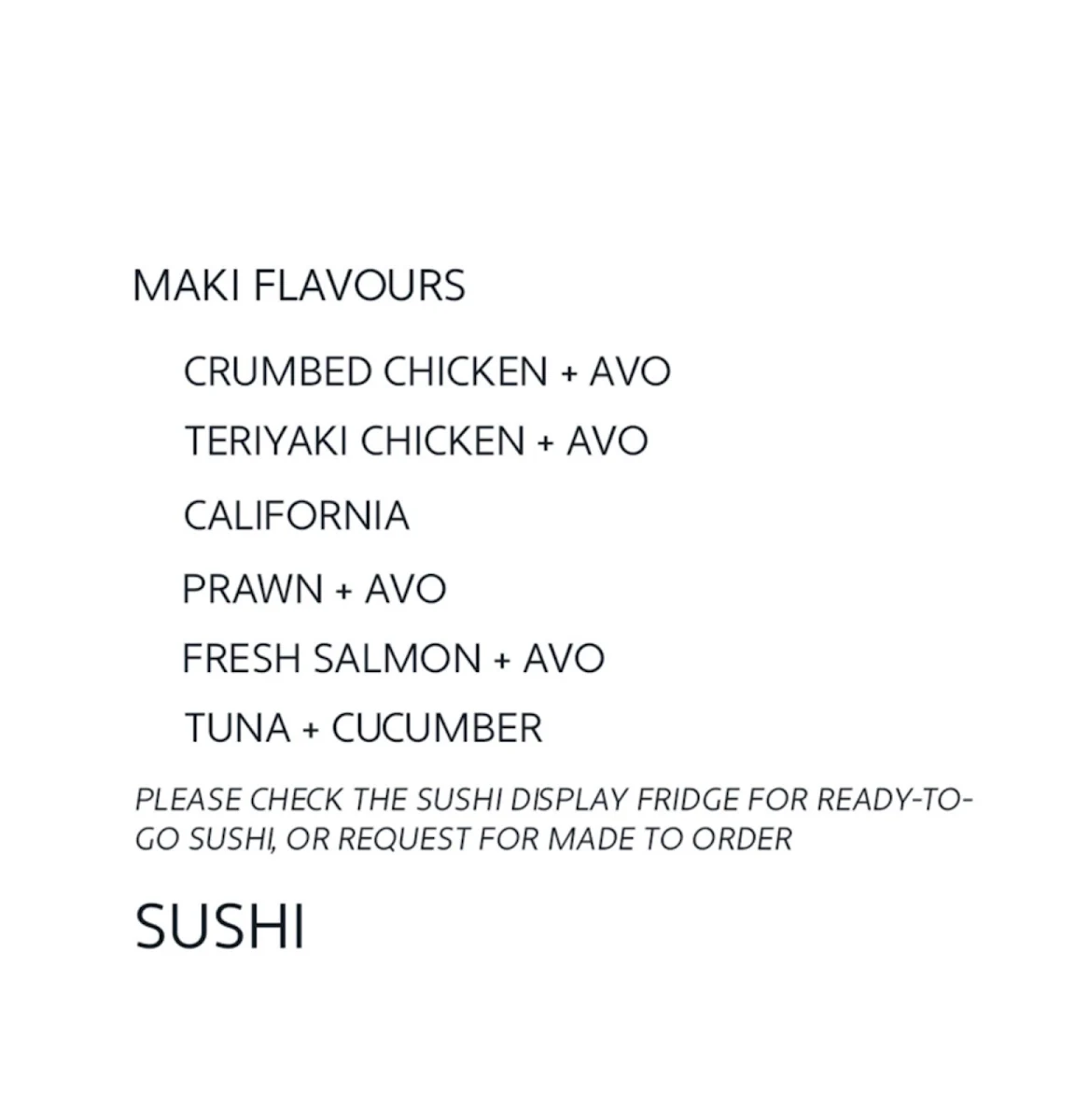 Menu, Mr Marco Sushi Inu