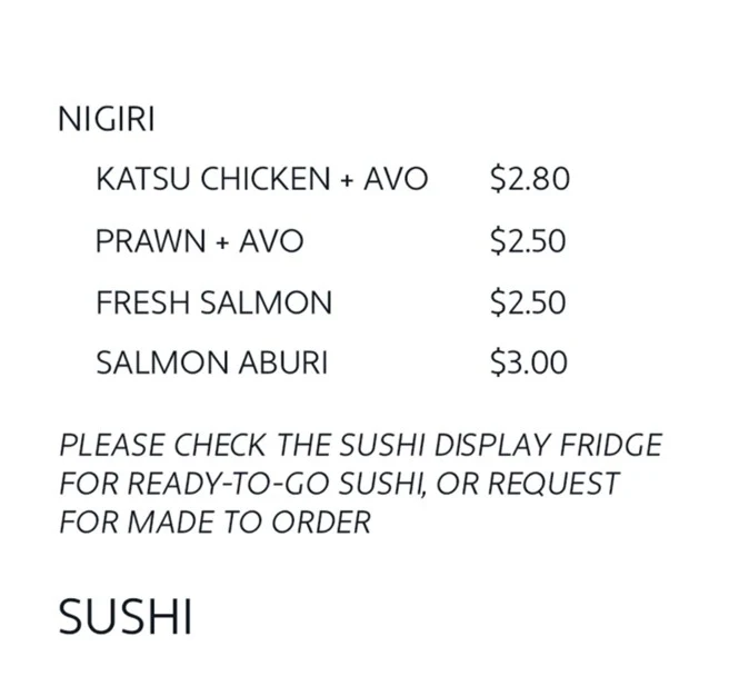 Menu, Mr Marco Sushi Inu